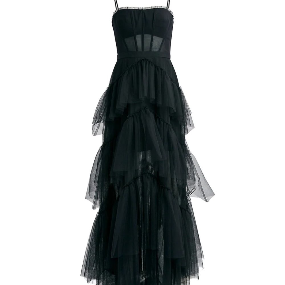 BCBGMAXARZIA OLY BLACK Corset Tiered Ruffle Dress